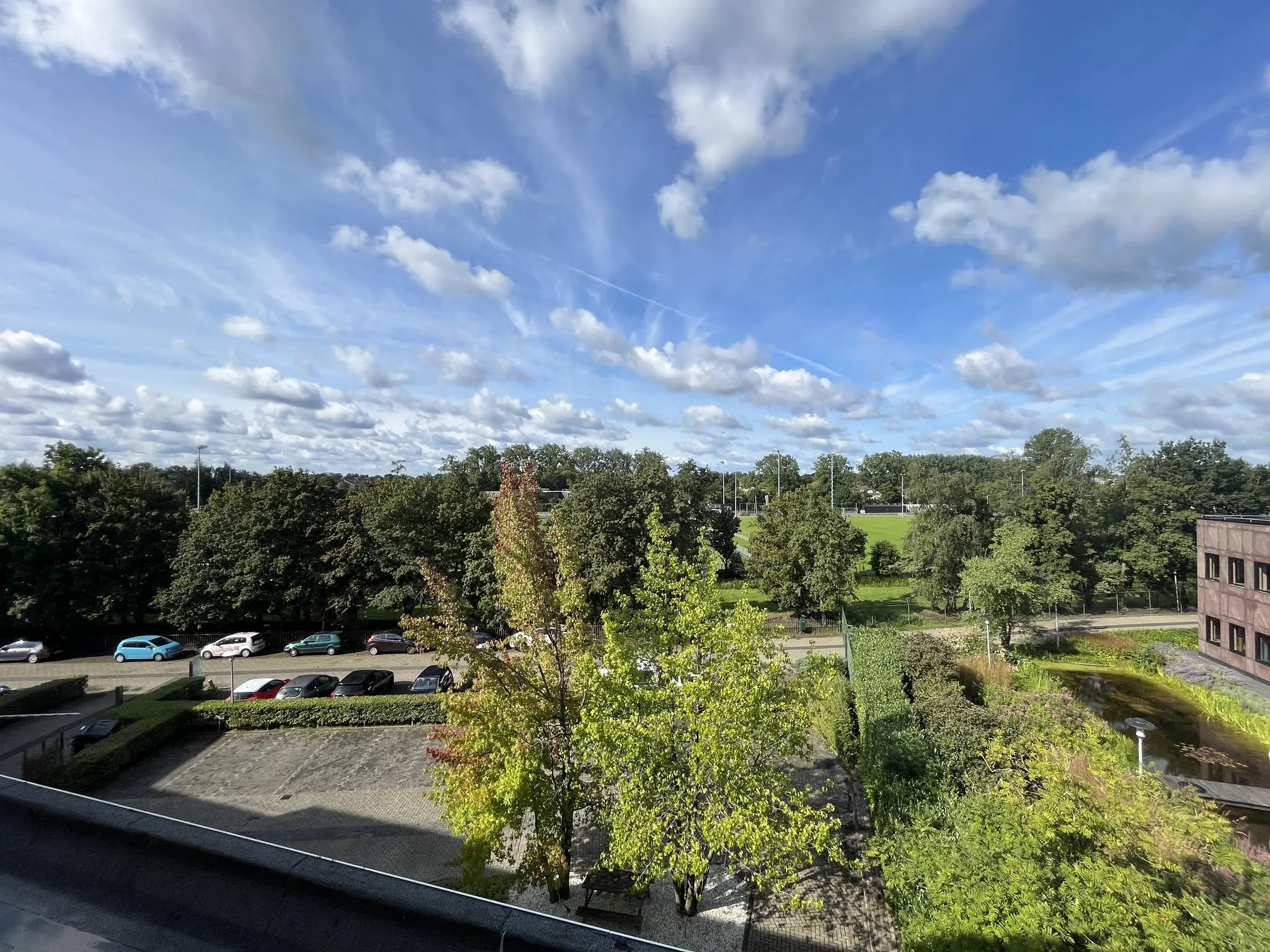 Uitzicht op de Baarnsche Dijk met een parkeerterrein, bomen en een grasveld onder een blauwe lucht met wolken.